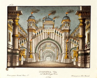 ジンギスカン時代の寺院 イタリア人振付師ジョヴァンニ・ガルツェラーニ（1780-1865）によるバレエ「ジンギスカン」のシナリオ（1828年）。アレッサンドロ・サンキリコ（1777-1849）の1830年の風景画の発明の記録」のリトグラフ。ミラネーゼ・プライヴェート 作： Alessandro Sanquirico