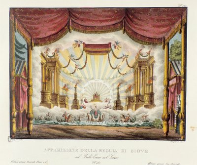 ジュピター王国の登場 ジュゼッペ・サルティのオペラ劇「ラツィオのエネア」（1799年）を表現するためのシナリオ。アレッサンドロ・サンキリコ（1777-1849）の1830年の風景画の発明の記録」のリトグラフ。ミラノのプライベートコレクション 作： Alessandro Sanquirico