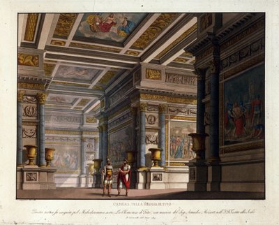 ヴォルフガング・アマデウス・モーツァルト（1756-1791）の「ティトーのクレマンス」のためのアレッサンドロ・サンキリコ（1777-1849）によるシナリオは、1819年にミラノ・スカラ座に登壇し、ティトーの王宮の部屋を表現しています。 作： Alessandro Sanquirico