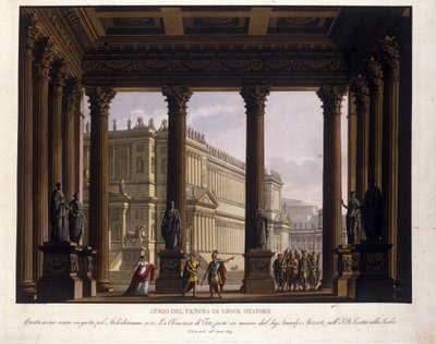 アレッサンドロ・サンキリコ（1777-1849）によるヴォルフガング・アマデウス・モーツァルト（1756-1791）の「ティートのクレメンス」のためのシナリオは、1819年にミラノ・スカラ座に登壇し、ジュピター神殿Stator Statoreのアトリウムを表現しています。セクスタスは停止している。ヴィターリを保存するために 作： Alessandro Sanquirico