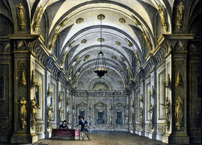 ミラノのカルカーノ劇場で上演されたガエターノ・ドニゼッティ（1797-1848）のオペラ「アンナ・ボレーナ」のためのサンクリコの舞台装置。 作： Alessandro Sanquirico