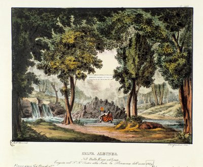 シビル・アルブネアの森 ジュゼッペ・サルティのオペラ劇「ラツィオのエネア」（1799年）の表現のためのシナリオ。アレッサンドロ・サンキリコ（1777-1849）の1830年の風景画の発明の記録」のリトグラフ。ミラノのプライベートコレクション 作： Alessandro Sanquirico