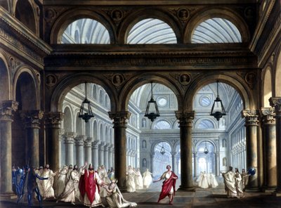Vincenzo Bellini (1801 - 1835)のオペラ「Norma」に登場するイルミンスールの神殿。1833年にミラノ・スカラ座で上演された際のサンキリコによるシナリオ。 作： Alessandro Sanquirico
