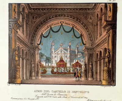 ブルターニュのモントリーノ城の前庭 1829年にスカラ座で上演された、ヴィンチェンツォ・ベリーニのオペラ「ラ・ストラニエラ」（1828年）の舞台背景。アレッサンドロ・サンキリの「Raccolta di invenzioni sceniche」（1830年）のリトグラフ。 作： Alessandro Sanquirico