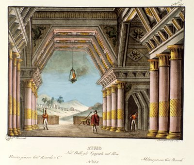 宮殿の大広間の風景 イタリアの振付師ジョヴァンニ・ガルツェラーニ（1780-1865）のバレエ「Gli spagnoli nel Peru」のシナリオ（1828年）。アレッサンドロ・サンキリコ（1777-1849）の1830年の風景画の発明の記録」のリトグラフ。ミラネーゼpr 作： Alessandro Sanquirico