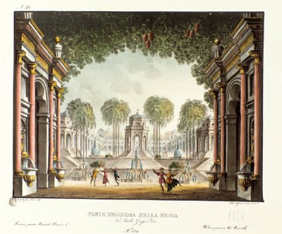 ジンギスカン宮殿の王宮の風景 イタリア人振付師ジョヴァンニ・ガルツェラーニ（1780-1865）によるバレエ「ジンギスカン」のシナリオ（1828年）。"Raccolta di invenzioni sceniche del 1830 di Alessandro Sanquirico (1777-1849) "のリトグラフ。 作： Alessandro Sanquirico