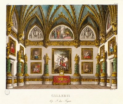 絵画ギャラリーの風景 イタリアの作曲家ジュゼッペ・サヴェリオ・ラファエレ・メルカダンテ（1795-1870）によるオペラ「イ・デュー・フィガロ」のためのシナリオ、オノレ・フランソワ・リショーの作品「二人のフィガロ、または喜劇の主題」（1794）の後に 作： Alessandro Sanquirico
