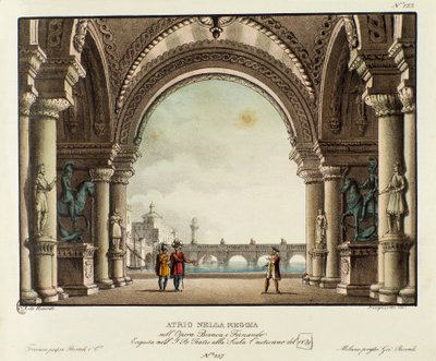 王宮の大広間の眺め ヴィンチェンツォ・ベリーニ（1826年）のオペラ「ビアンカ・エ・フェルナンド」が1829年に上演された際のシナリオです。アレッサンドロ・サンキリコ（1777-1849）の1830年の風景画の発明の記録」のリトグラフ。ミラネーゼ・プライベート 作： Alessandro Sanquirico