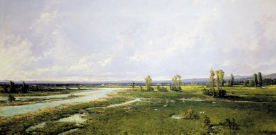 ベッルーノのピアヴェ川床で狩りをするアレッサンドロ・セッファー（1832-1905）の絵画、油彩・キャンバス 作： Alessandro Seffer Guerra