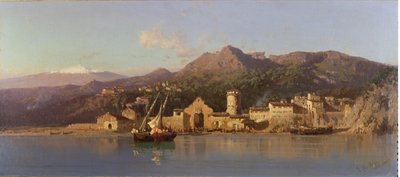 1868年にエトナ山を背景にしたシチリアのタオルミーナの眺め 作： Alessandro la Volpe