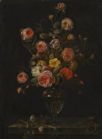 赤、白、ピンクのバラをガラスの花瓶に生け、蝶、バッタ、カブトムシを配した静物画。 作： アレクサンダーアドリアエンセン
