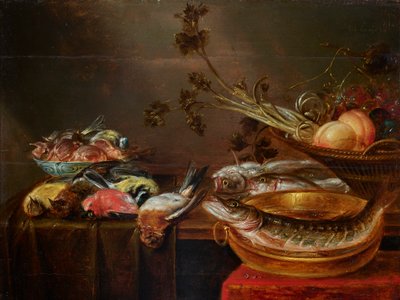 魚、鳥、果物のある静物 作： アレクサンダーアドリアエンセン