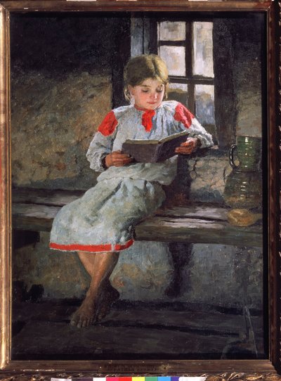 素晴らしい読み物。 窓辺に座って本の話に夢中になっている少女。 Alexander Alexeyevich Kiselev (1855-after 1918) による絵画、キャンバスに油彩、1890 年頃。19 世紀のロシアの芸術。 トレチャコフ・ガ州 作： Alexander Alexeyevich Kiselev