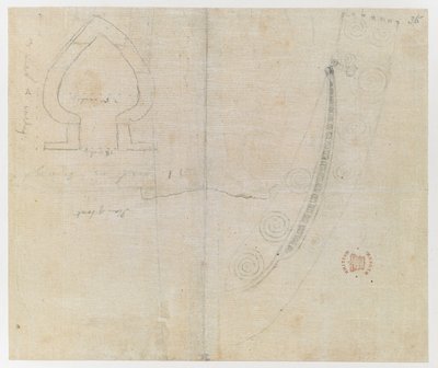 クック船長の最初の航海を示す、インドのインクで描かれた「Drawings」からのボートのスケッチの詳細 作： Alexander Buchan