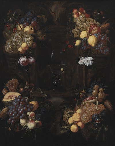 フルーツの花輪とワイングラスのカルトゥーシュ 作： Alexander Coosemans