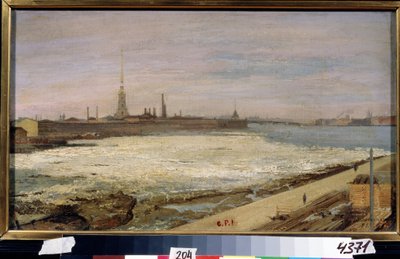 サンクトペテルブルクのネヴァ川の流氷 (Ice Drifting in St Petersburg)。 背景には、聖ペテロとパウロの大聖堂と要塞。 Alexander Dmitrievich Litovchenko（Litovchenko）（1835-1890）による絵画、キャンバスに油彩 作： Alexander Dimitrievitch Litovtchenko