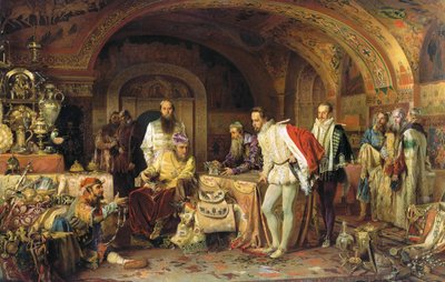 ロシアのイワン 4 世は、1875 年にイギリスのエリザベス 1 世女王の大使に彼の宝物を示しています。 作： Alexander Dmitrievich Litovchenko