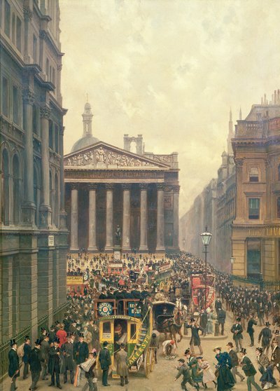 クイーンビクトリアストリートからの王立証券取引所のラッシュアワー、1904年 作： Alexander Friedrich Werner