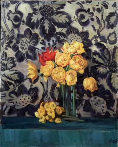 「花、黒地に黄色」アレクサンダー ガウシュ (1873-1947) 作、1916 年頃の絵画、ヴォログダのリージョナル アート ギャラリー 作： Alexander Gaush