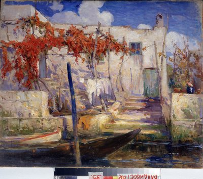 田舎。 南部で。 （風景。南）。 Alexander Fyodorovich Gaush (1873-1947) による絵画、キャンバスに油彩、ロシア美術、20 世紀初頭。 Primorsk State Art Gallery、ウラジオストク (ロシア)。 作： Alexander Gaush