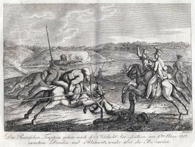 ルッツェンの戦いの後、エルベ川を遡るロシア軍 - Sauerweid, Alexander Ivanovich (1783-1844) - 1813 - エッチング - 21x26 - 個人蔵 作： Alexander Ivanovich Sauerweid