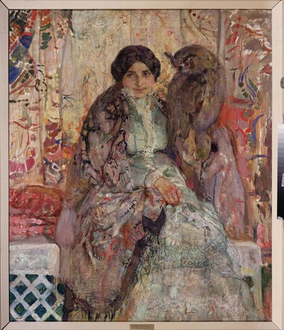 鷲フクロウを持つ女性。 Alexander Ivanovich Savinov（1881-1942）による絵画、キャンバスに油彩 作： Alexander Ivanovich Savinov