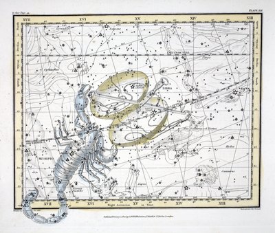 星座（プレートXIX）てんびん座とさそり座。ロンドン1822（手描きの彫刻） 作： Alexander Jamieson
