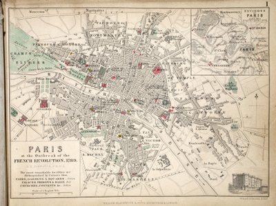 1789年のフランス革命勃発時のパリの地図、ウィリアムブラックウッドアンドサンズ発行、エジンバラおよびロンドン、1848年（手描きの彫刻） 作： Alexander Keith Johnston