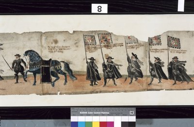 ハントリー侯爵ジョージ1世の葬儀に使用されたとされる「The Huntly Funeral Procession」のディテール 作： Alexander Kincaid