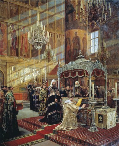 17世紀のモスクワのフィリップの棺、1886年の皇帝アレクシスと家父長ニコン 作： Alexander Litovchenko