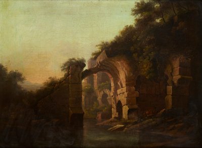 川に架かる台無しにされた橋、イタリア（キャンバスに油彩） 作： Alexander Nasmyth