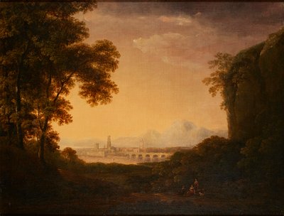 樹木が茂ったイタリアの風景の中の人物（キャンバスに油彩） 作： Alexander Nasmyth