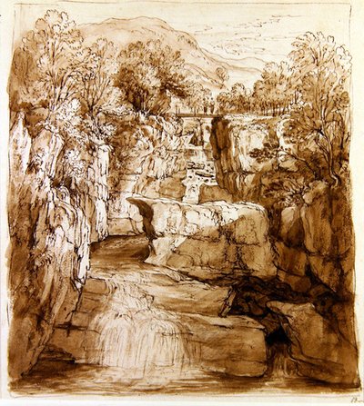 The Bracklinn Falls, Perthshire, c.1810 （ペン、茶色インク、紙にウォッシュ） 作： Alexander Nasmyth