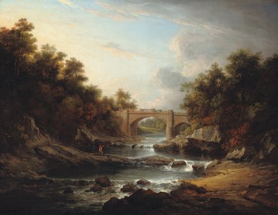 アーモンド橋と漁師がいる、エジンバラ近くのアーモンド川の眺め 作： Alexander Nasmyth