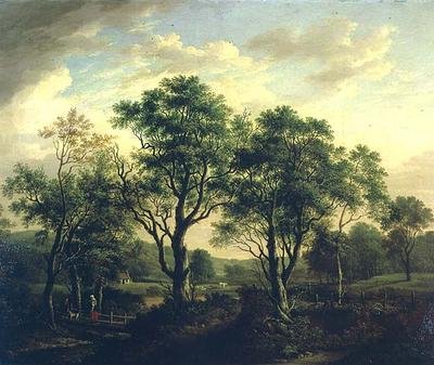 人物と牛のいる森の川の風景（油彩・キャンバス 作： Alexander Nasmyth