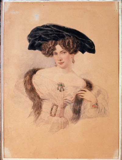 黒いベレー帽をかぶった芸術家エフドキヤ・バクニナ (1793-1882) の肖像画 (黒いベレー帽をかぶった芸術家エフドキヤ・バクニナの肖像画)。 Alexander Pavlovich Briullov (Alexander Briullov) (1798-1877) によるアートワーク。 紙に水彩 作： Alexander Pavlovich Briullov