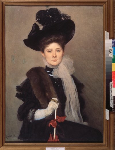 芸術家リュボフ・ガウシュ (1877-1943) の肖像画。 Alexander (Alexander) Petrovich Sokolov (1830-1911) の作品、紙に水彩。 ロシア美術、19 世紀後半から 20 世紀初頭、モダニズム。 地域美術館、シンフェロポリ (ウクライナ)。 作： Alexander Petrovich Sokolov