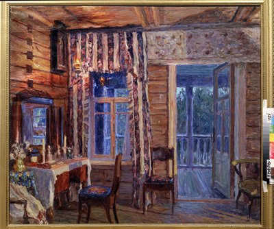 アイコンランプのあるインテリア。 Alexander Viktorovich Moravov（Alexander Victor）（1878-1951）による絵画、キャンバスに油彩 作： Alexander Viktorovich Moravov