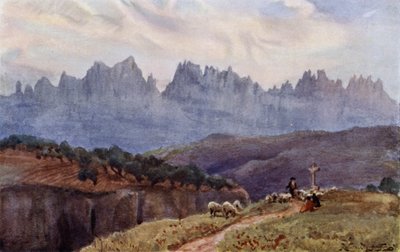 バルセロナ近郊のマンレサから見たモンセラットの山々（カラーリトグラフ 作： Alexander Wallace Rimington