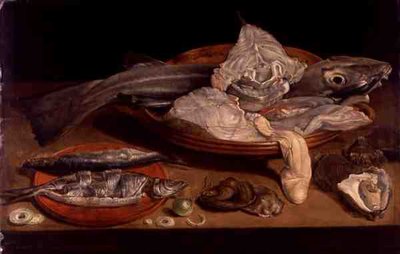 魚と牡蠣のある静物（油彩・パネル） 作： Alexander van Adriaenssen