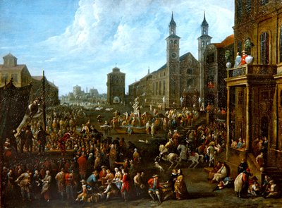 大道芸人などが登場する市場の風景（油彩・キャンバス） 作： Alexander van Bredael