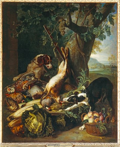 ジビエ、豆類、果物、2匹の犬 - 死んだゲーム、野菜、果物、2匹の犬... 作： Alexandre-Francois Desportes