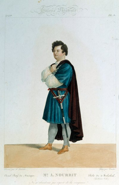 ジョアッキーノ・ロッシーニ（1792-1868）のオペラ「ギョーム・テル（ウィリアム・テル）」でメレヒタル役を演じるフランス人テノール、アドルフ・ヌリット（1802-1839）。イラストはアレクサンドル・ラクーシェ（19世紀）、パリ。オペラ博物館の図書館 作： Alexandre (after) Lacauchie