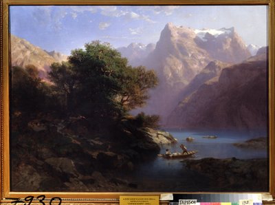 「スイスの湖のある山の風景」（山の湖）アレクサンドル・カラメ（1810-1864）による絵画、1860年地方美術館、タンボフロシア 作： Alexandre Calame