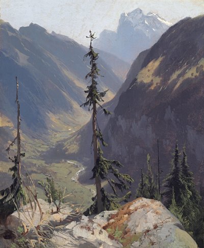 Calame、Alexandre (1810-1864) による Wetterhorn のある Luetschental。 キャンバスに油彩、c。 1850年。寸法：31.2x26.1cm。 ミュージアム オスカー ラインハルト、ヴィンタートゥール 作： Alexandre Calame