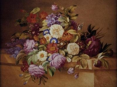 薔薇やコンボルブなどの花々が並ぶ風景 作： Alexandre Couronne