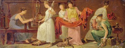 インテリアで織る6人の女性（パネルに敷いた紙に油彩） 作： Alexandre Evariste Fragonard