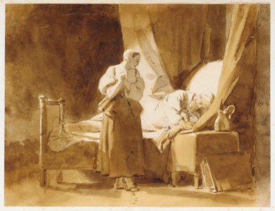 眠っている男性を見つめる女性 作： Alexandre Evariste Fragonard