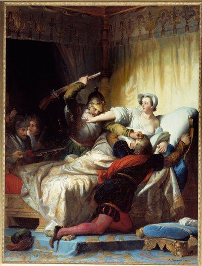 宗教の戦争"scene of the massacre of Saint Barthelemy on 24/08/1572" エヴァリスト・フラゴナール(1780-1850)の絵画 1836年 Sun.1,79x1,33 m 作： Alexandre Evariste Fragonard