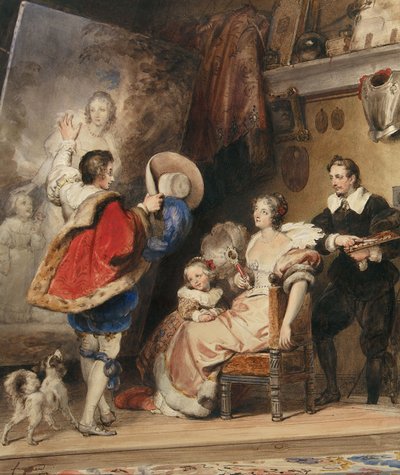 婦人とその小さな娘の肖像を鑑賞する若い男性 作： Alexandre Evariste Fragonard